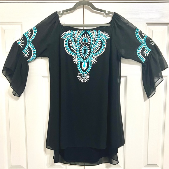 Chic Black Blouse with Blue Embellishments - Picture 1 of 2